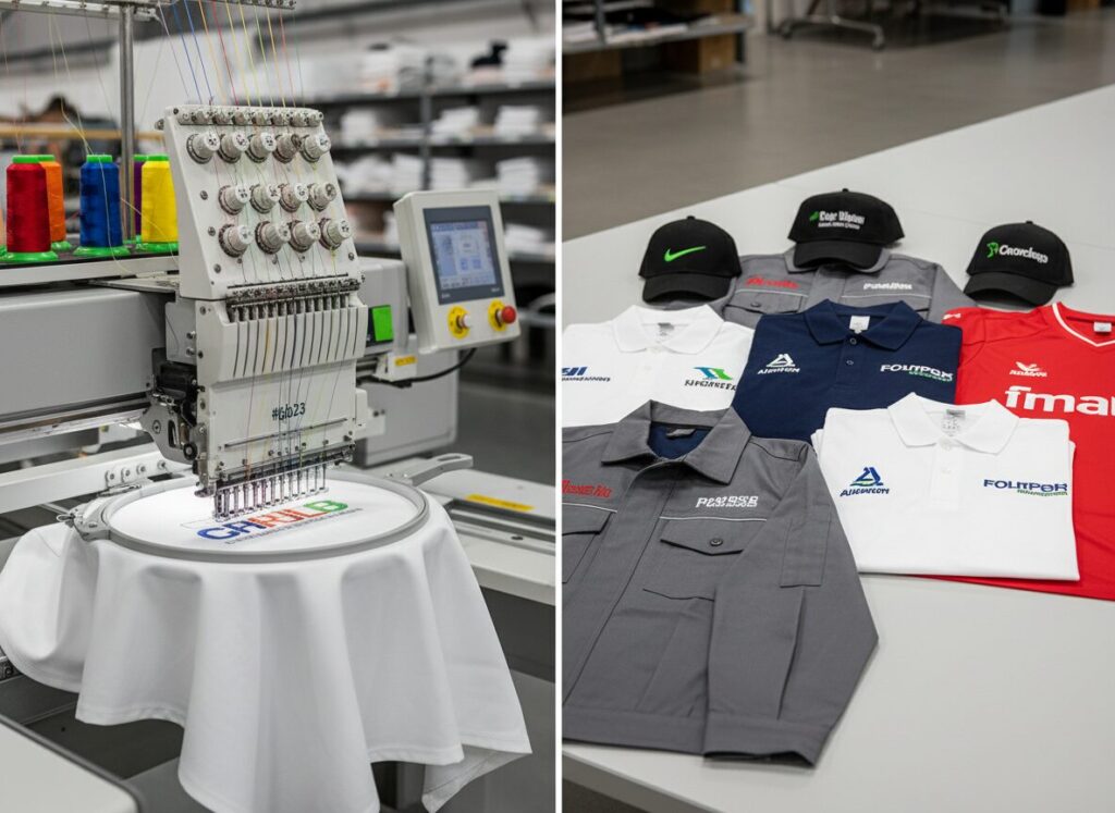 Stickerei Wien – Moderne Stickmaschine mit Mehrnadel-Technik und fertige bestickte Textilien wie Polos, Caps und Jacken von druck.wien